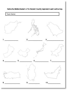 Identify the Asian countries from the outline maps